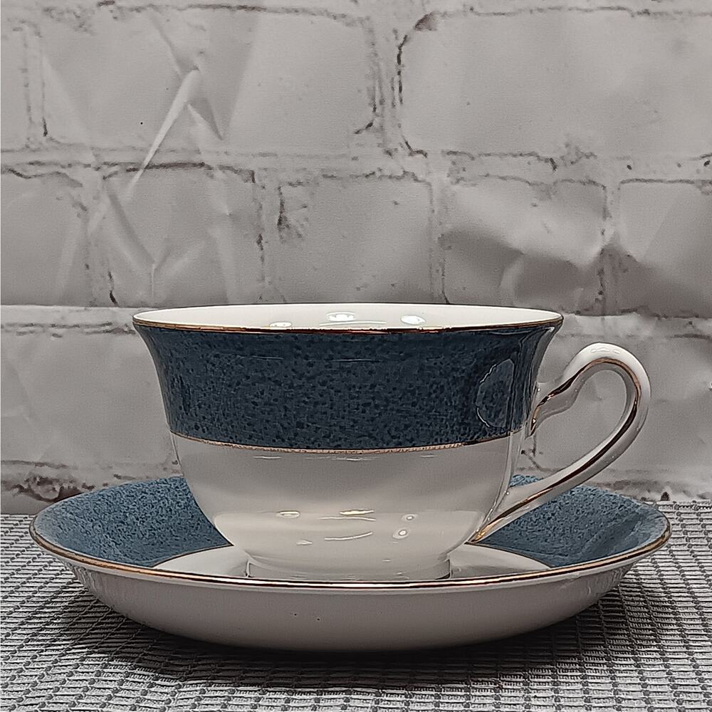 NIKKO Double Phoenix Ironstone‎ Riviera Slate Blue Set of 2 Teacups & Saucers